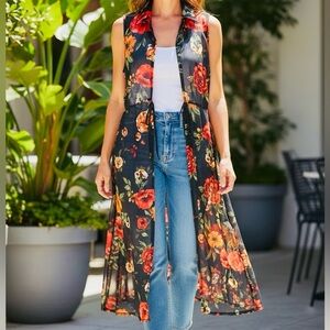 Ember Floral Sheer Duster Vest | Boho Long Layering Piece | XL